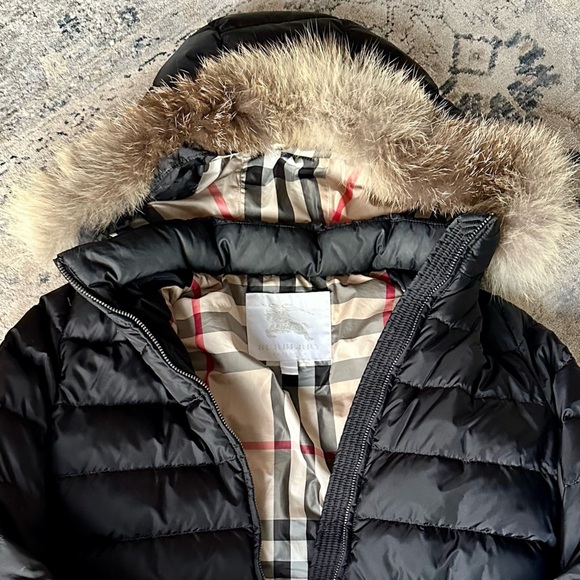 BURBERRY Girls 14Y Janie Black Puffer Coat with Fox Fur Trim Hood - Picture 9 of 9